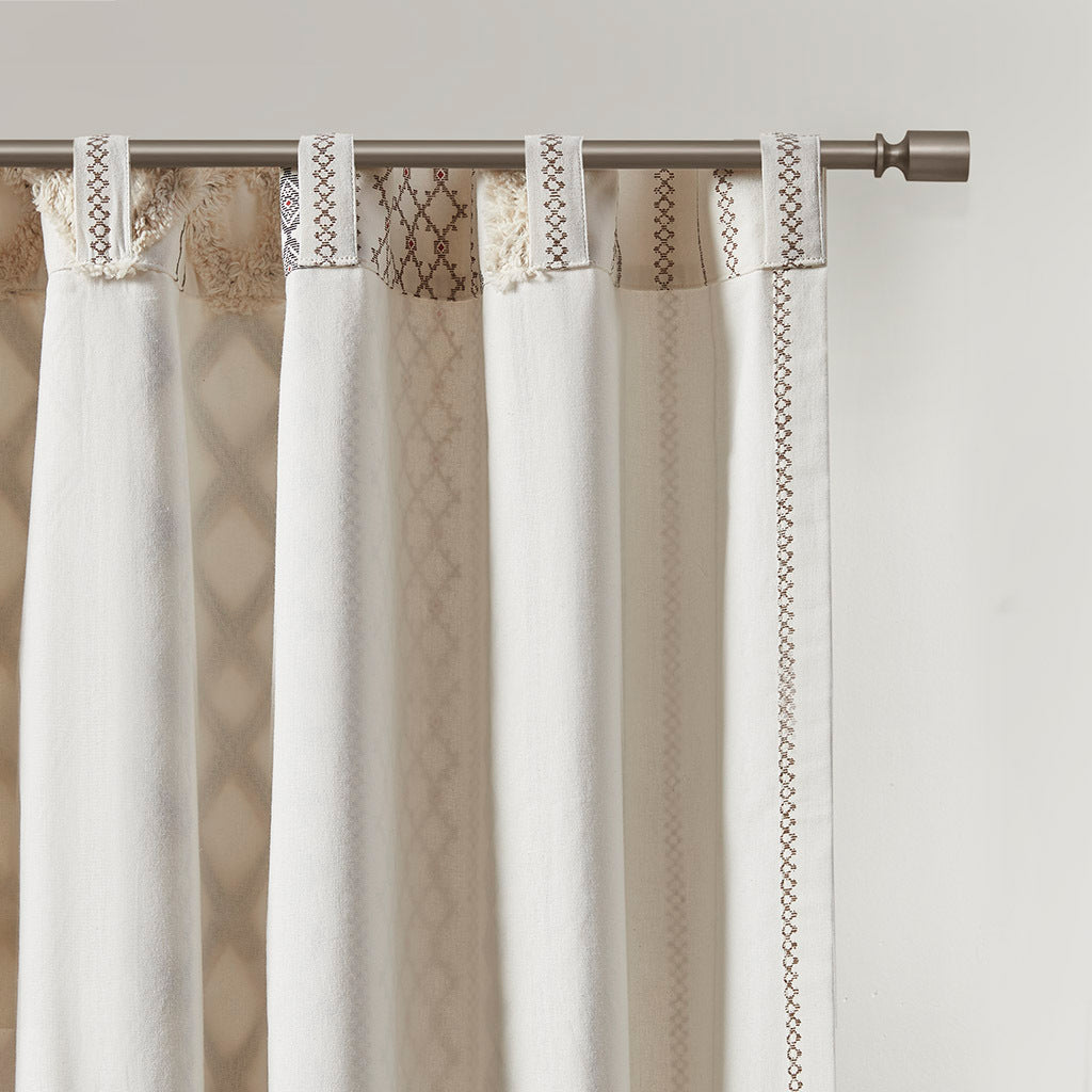 Cotton Printed Curtain Panel with Chenille Stripe - Ivory