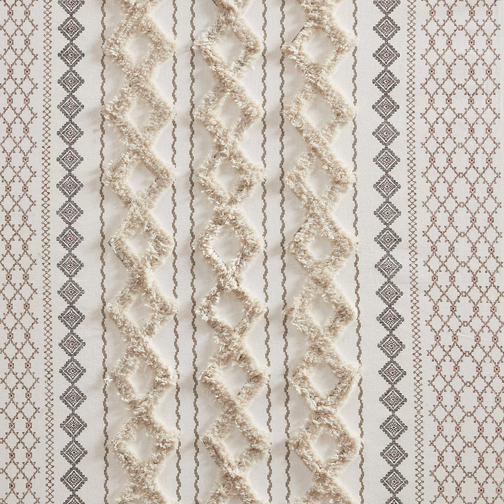 Cotton Printed Curtain Panel with Chenille Stripe - Ivory