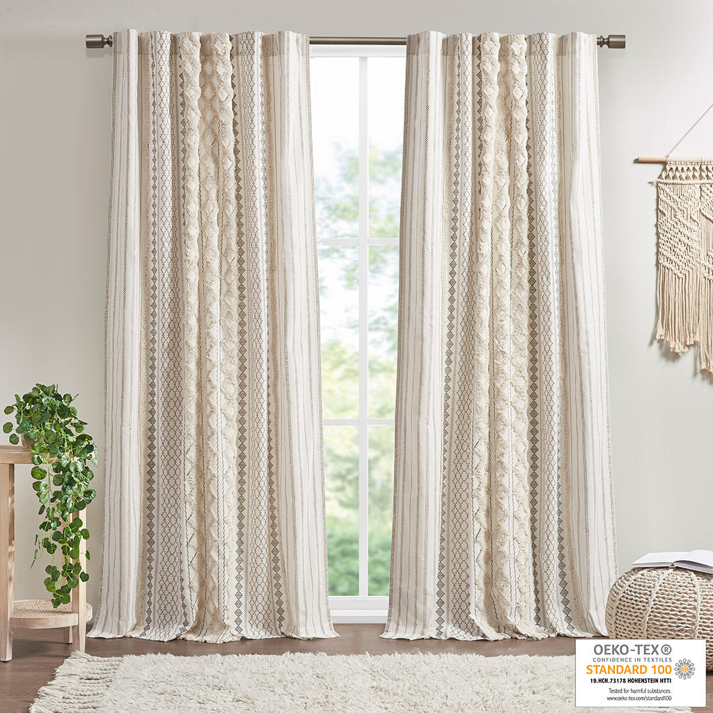Cotton Printed Curtain Panel with Chenille Stripe - Ivory