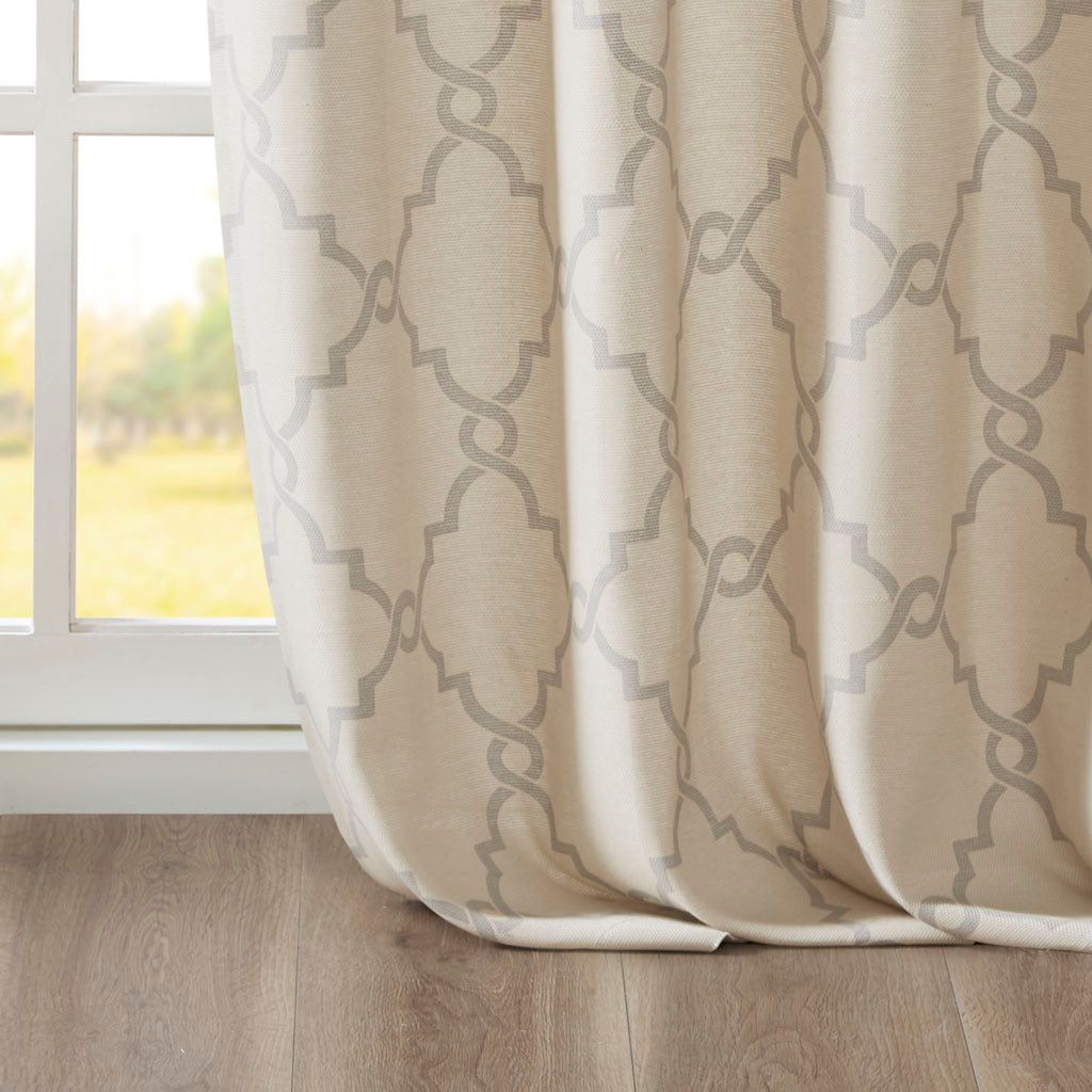 Fretwork Print Grommet Top Window Curtain Panel with Sunlight Filtering - Beige/Grey