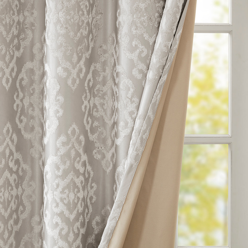 Knitted Jacquard Damask Total Blackout Curtain Panel with Silver Grommets - Silver