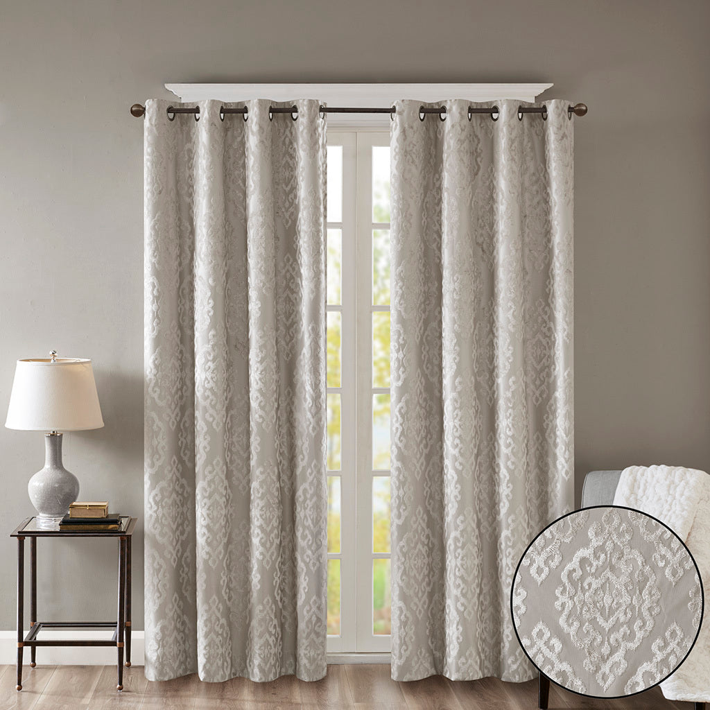 Knitted Jacquard Damask Total Blackout Curtain Panel with Silver Grommets - Silver