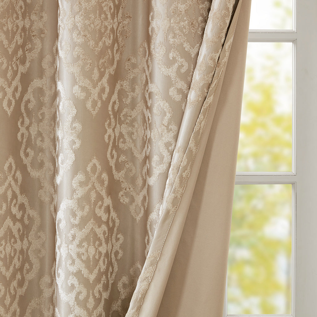 Knitted Jacquard Damask Total Blackout Grommet Top Curtain Panel - Champagne