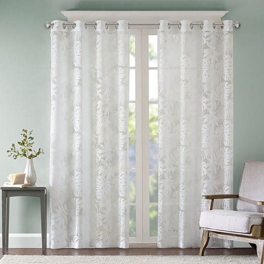 Palm Leaf Burnout Sheer Window Curtain with Antique Silver Grommets - White