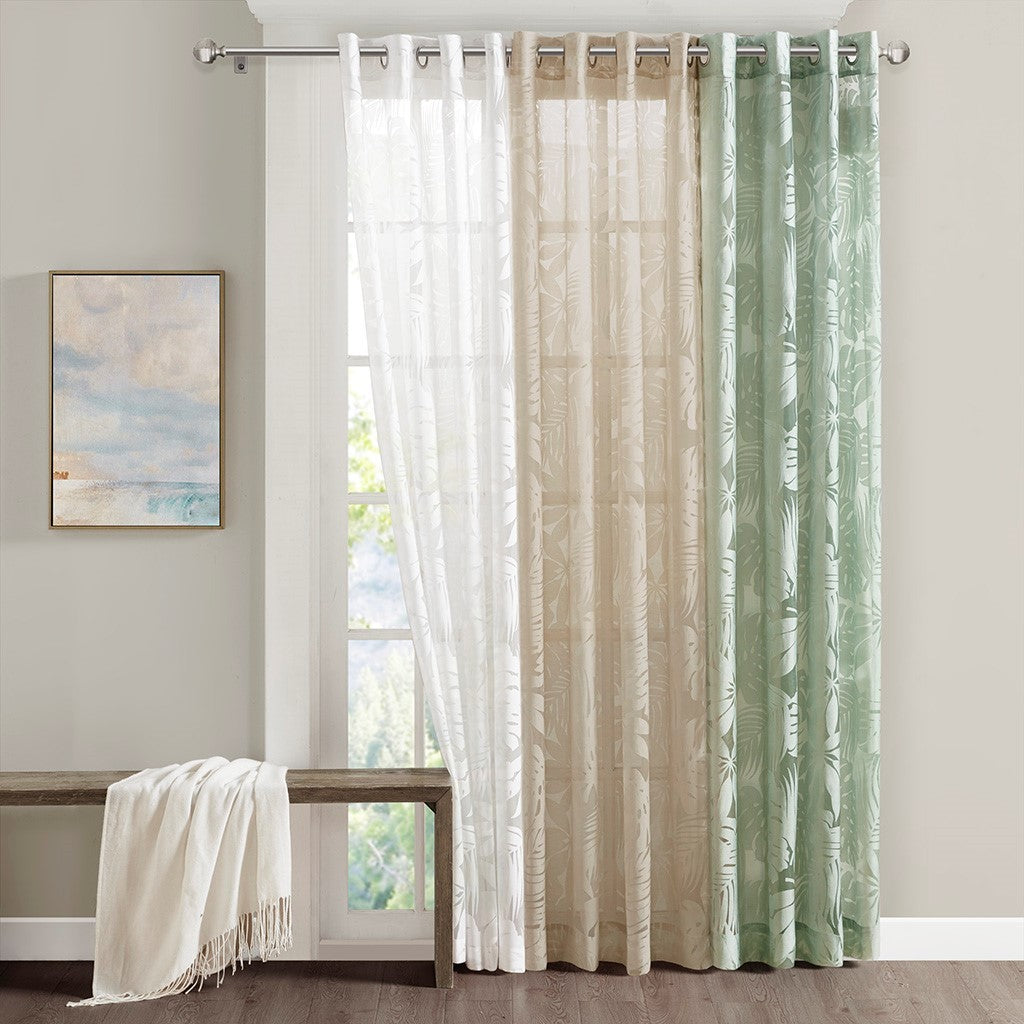 Palm Leaf Burnout Sheer Window Curtain with Antique Silver Grommets - White
