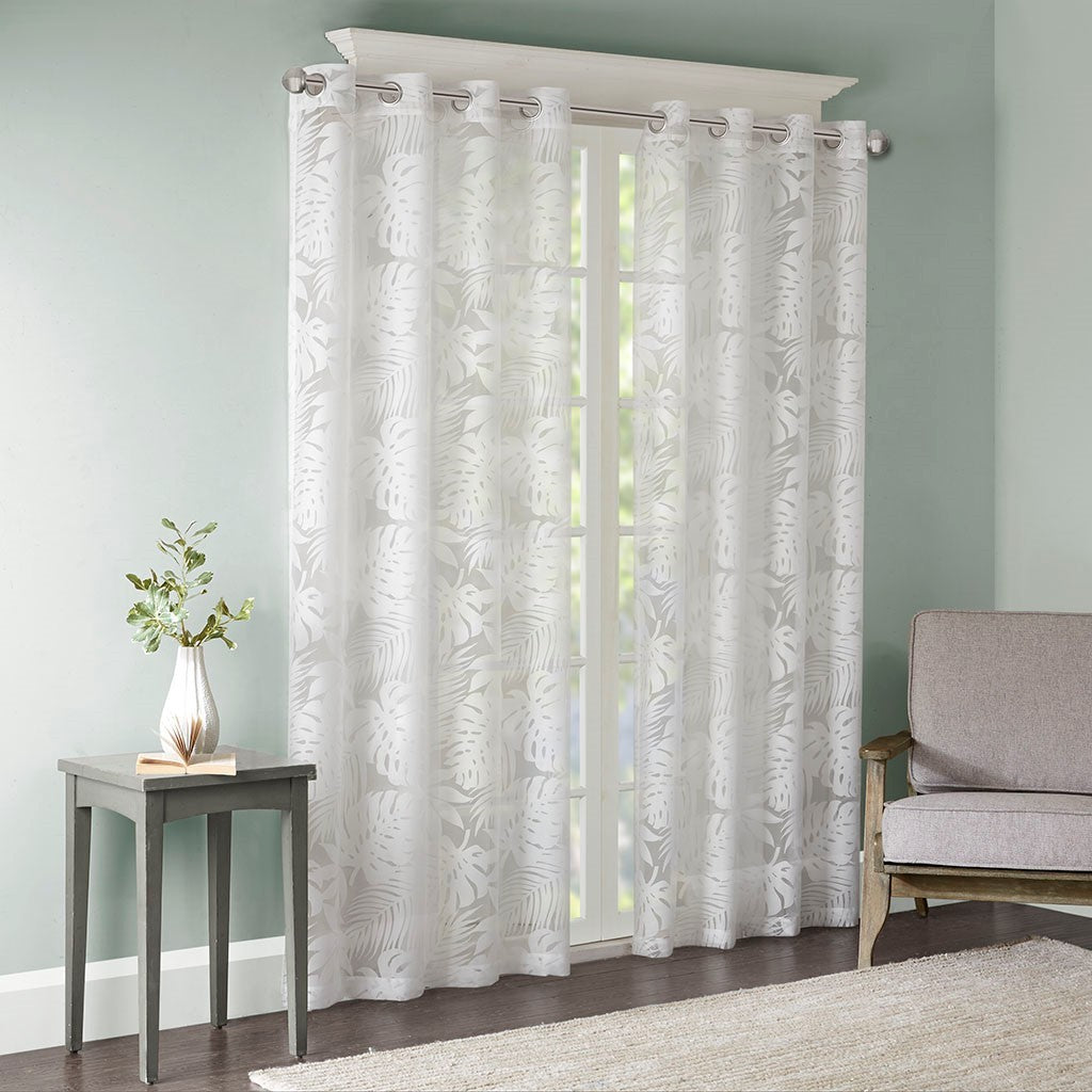 Palm Leaf Burnout Sheer Window Curtain with Antique Silver Grommets - White