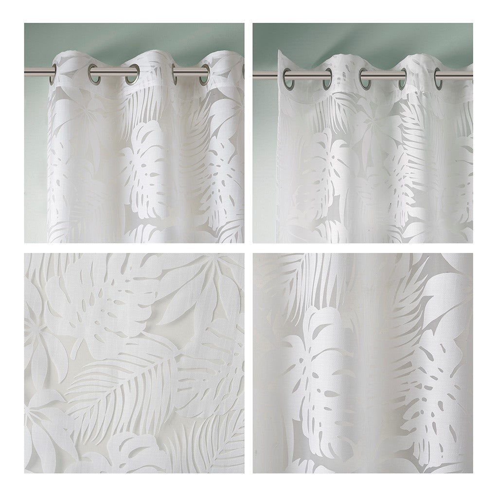 Palm Leaf Burnout Sheer Window Curtain with Antique Silver Grommets - White