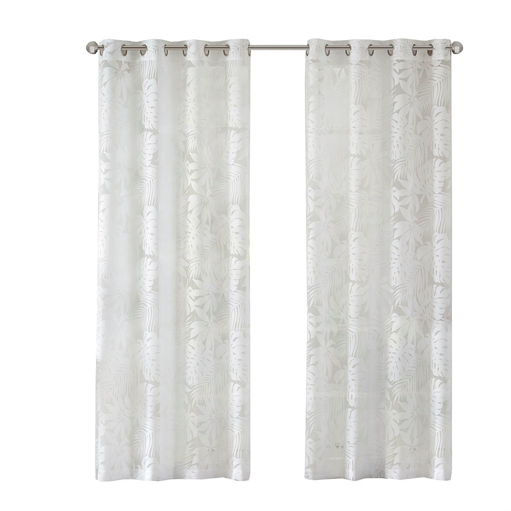 Palm Leaf Burnout Sheer Window Curtain with Antique Silver Grommets - White