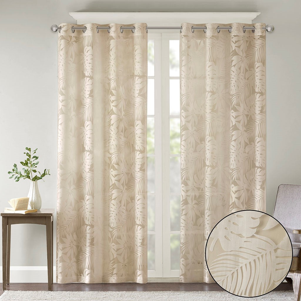 Palm Leaf Burnout Sheer Window Curtain with Palm Leaf Design - Natural