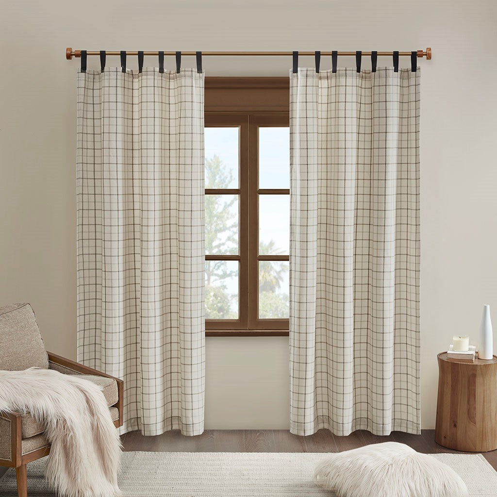Plaid Faux Leather Curtain Panel with Fleece Lining - Dark Grey