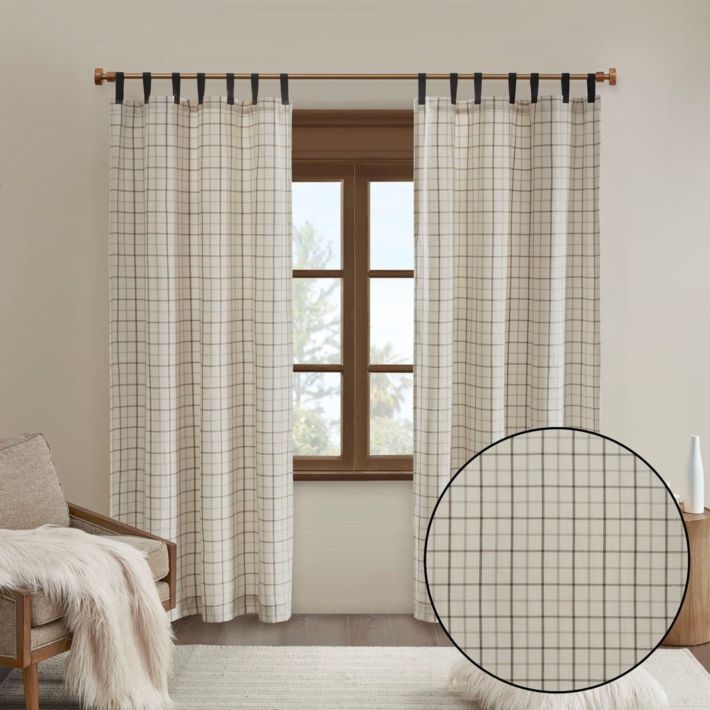 Plaid Faux Leather Curtain Panel with Fleece Lining - Dark Grey