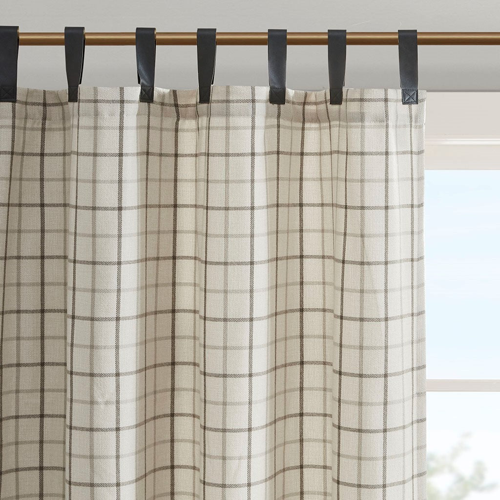 Plaid Faux Leather Curtain Panel with Fleece Lining - Dark Grey