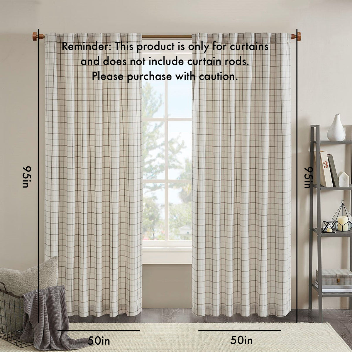 Plaid Rod Pocket Curtain Panel with Fleece Lining - Natural 50x95