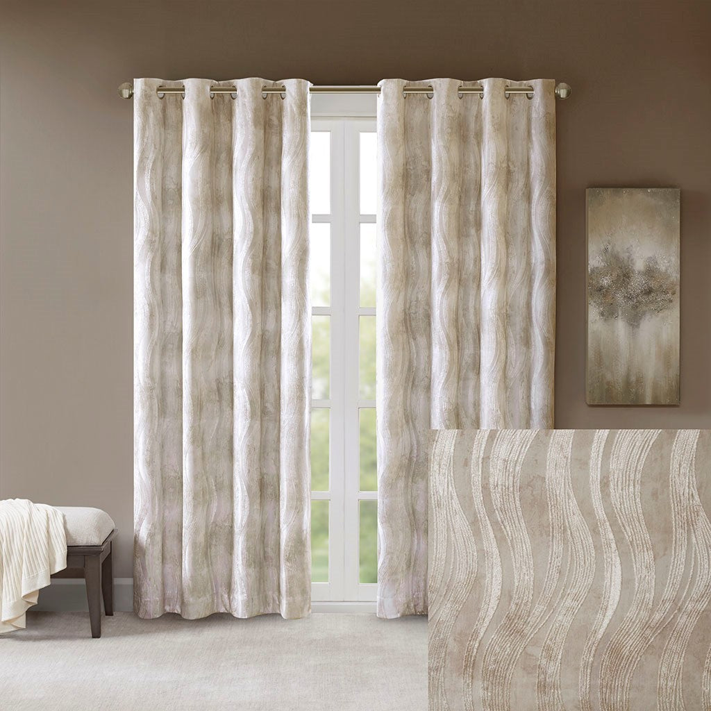 Printed Jacquard Grommet Top Total Blackout Curtain Panel - Beige