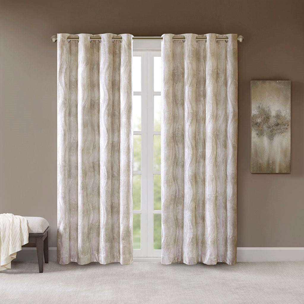 Printed Jacquard Grommet Top Total Blackout Curtain Panel - Beige