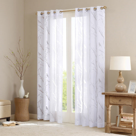 Sheer Bird on Branches Grommet Curtain Panel with Burnout Design - White