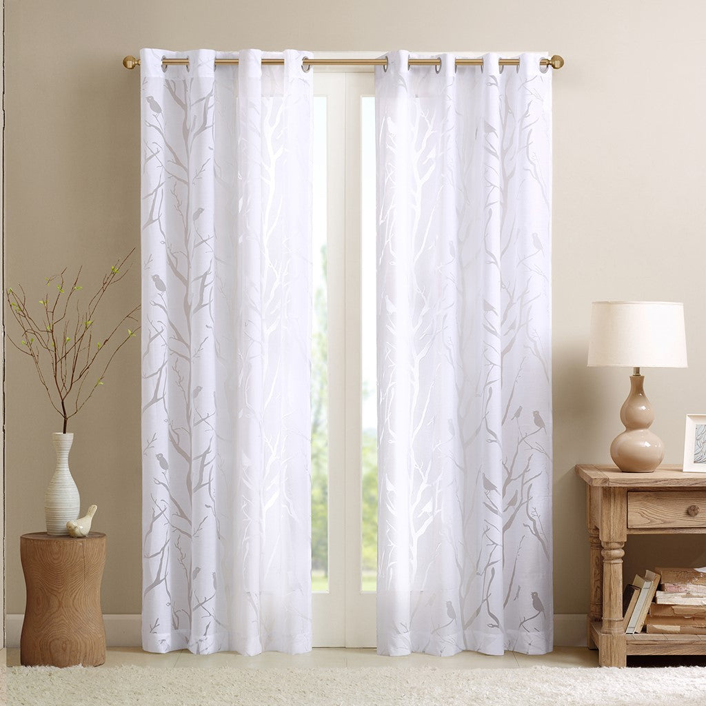 Sheer Bird on Branches Grommet Curtain Panel with Burnout Design - White
