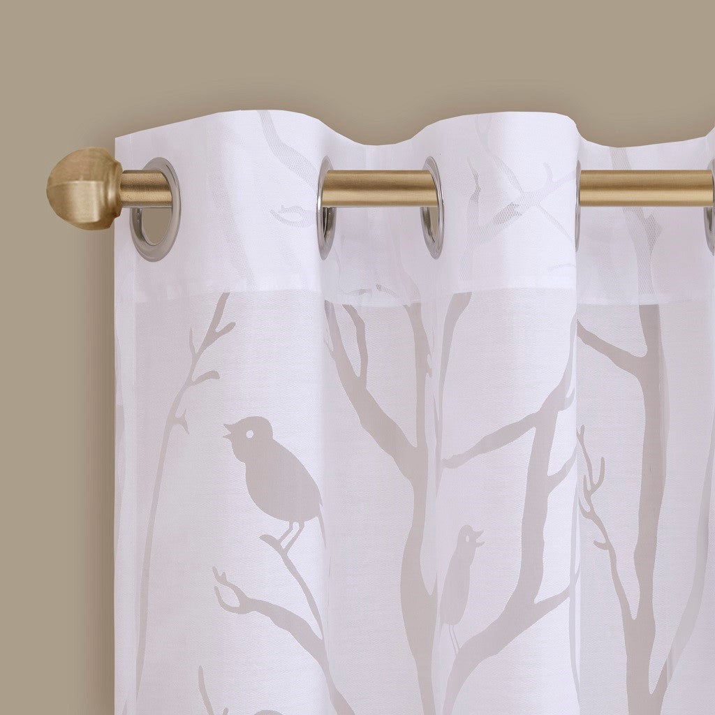 Sheer Bird on Branches Grommet Curtain Panel with Burnout Design - White
