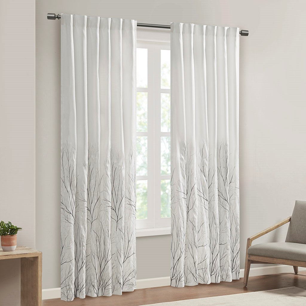 White Embroidered Curtain Panel with Lining - 50x95 Inches
