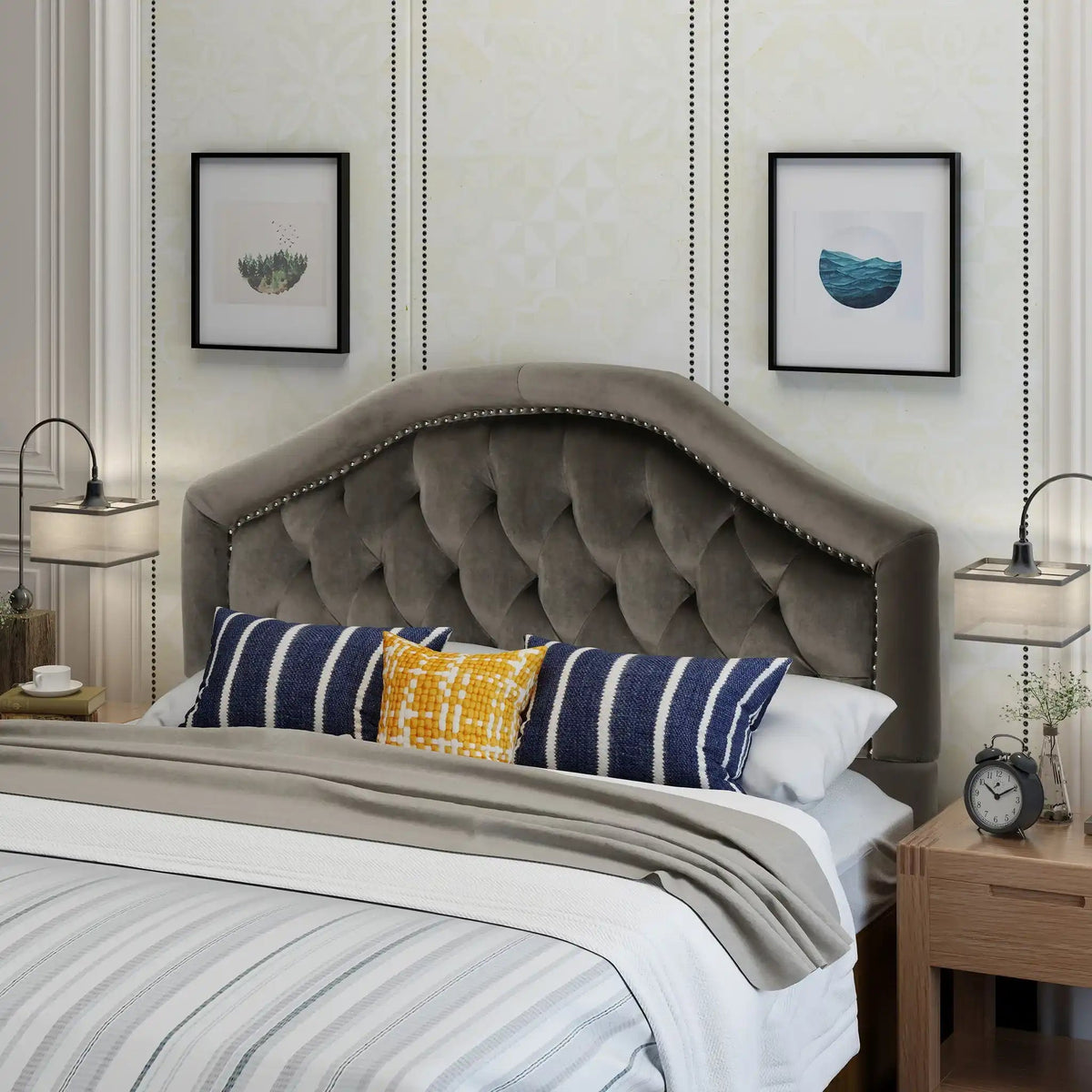 Kaarina Contemporary Tufted Fabric Headboard with Nailhead Trim - Queen