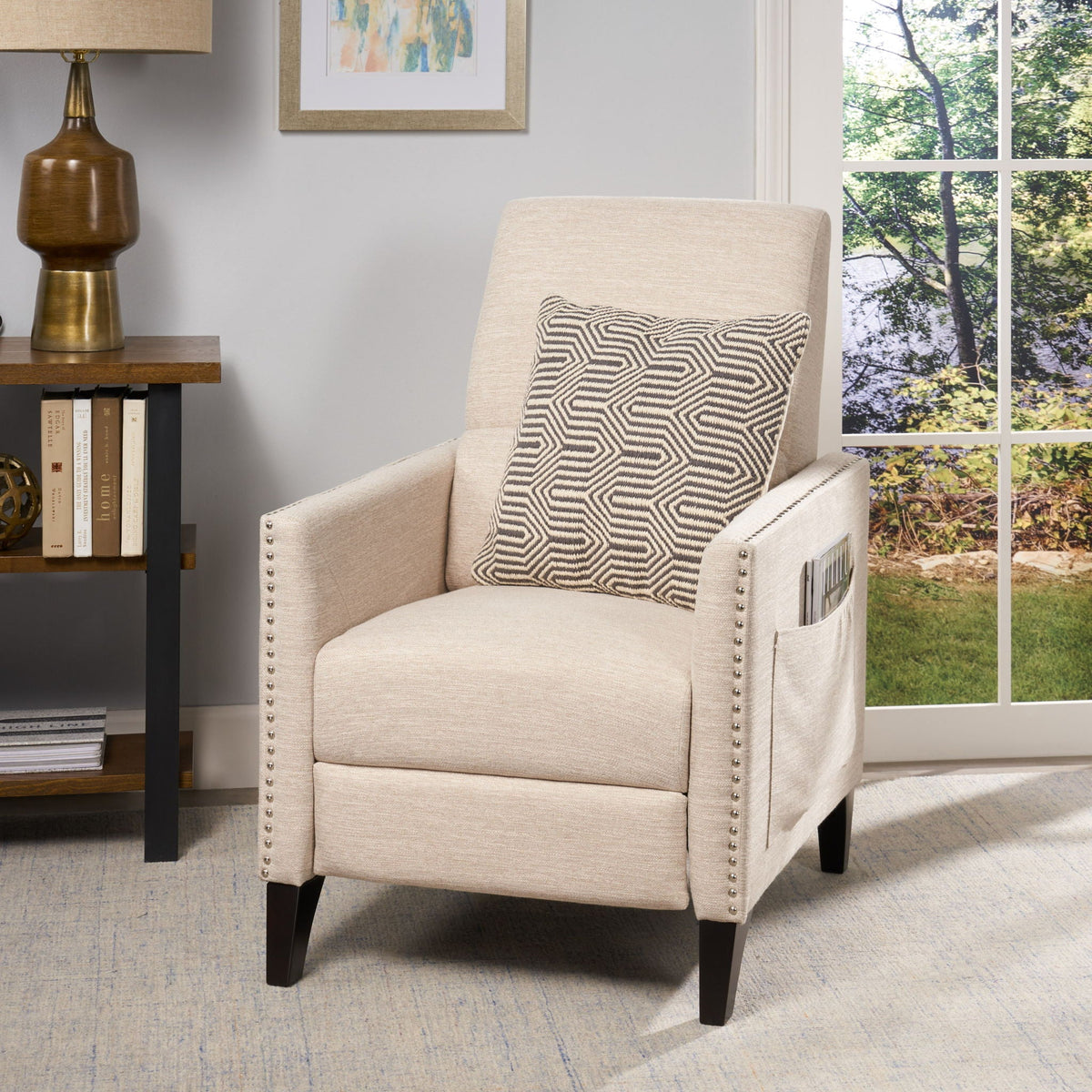 Kiersten Contemporary Fabric Pushback Recliner with Nailhead Trim - Gray, Light Blue, or Beige