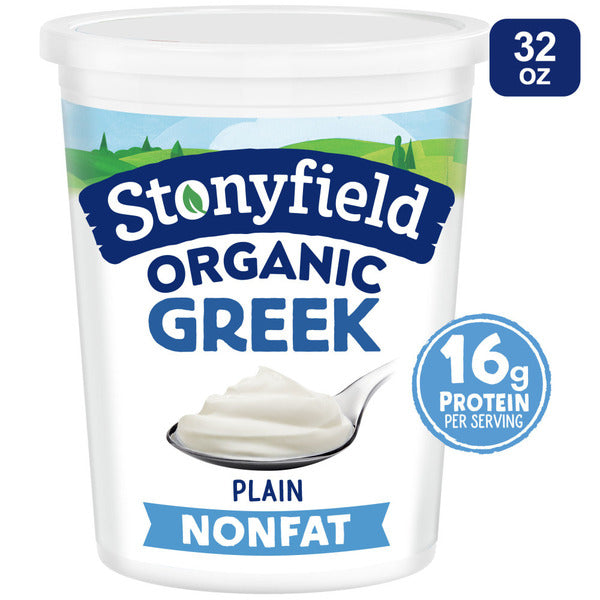 Stonyfield Organic Greek Nonfat Yogurt, Plain, 32 oz. – High in Protein (16g), 0% Fat; Multi-Serving Yogurt Snack & Cooking Substitute