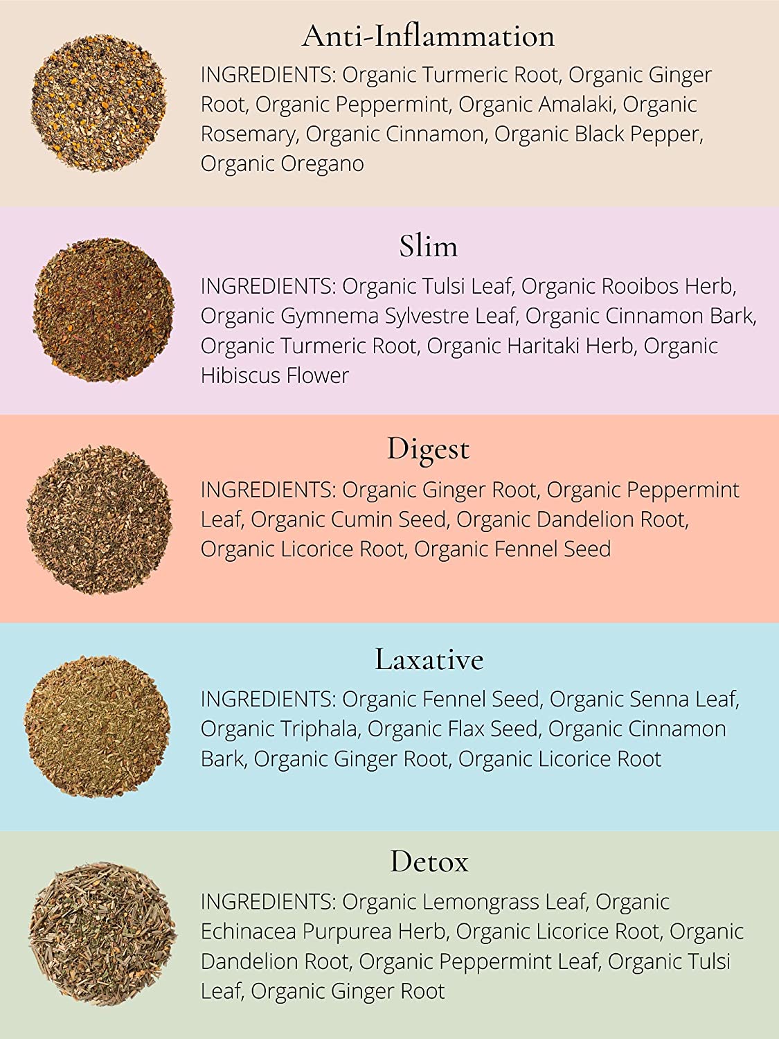 Organic Tea Sampler, 5 Caffeine-Free Wellness Herbal Blends