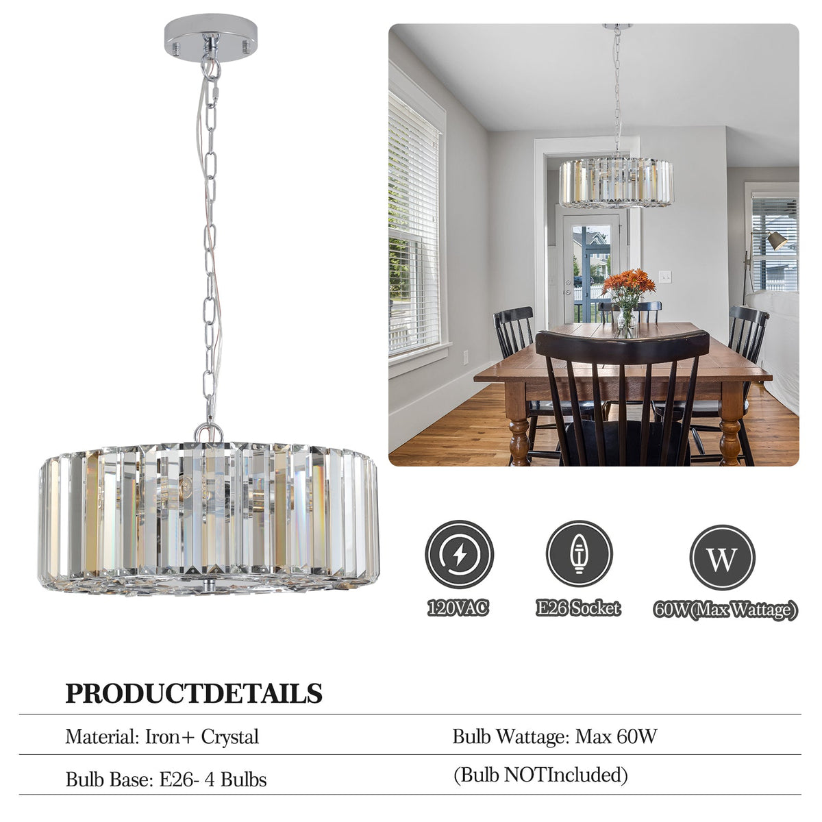 17' Chrome Crystal Pendant Chandelier with Adjustable Height - Transparent