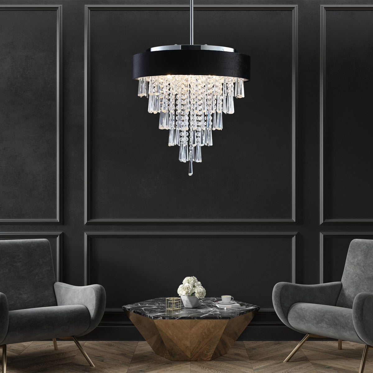 18-Inch Modern Crystal Chandelier with Black Velvet Shade - Transparent