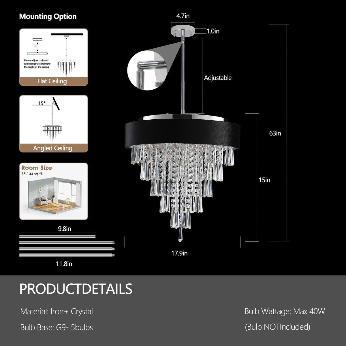 18-Inch Modern Crystal Chandelier with Black Velvet Shade - Transparent