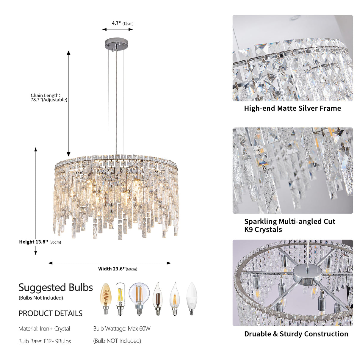 24" Round Silver Crystal Chandelier with K9 Crystals - Chrome