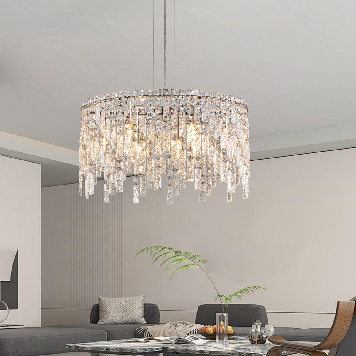 24" Round Silver Crystal Chandelier with K9 Crystals - Chrome