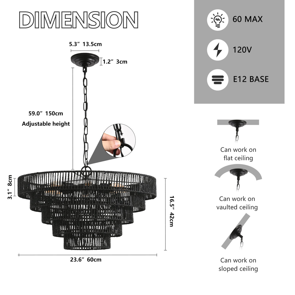 24" Rustic 5-Tier Pendant Light Chandelier with 8 E12 Sockets - Black