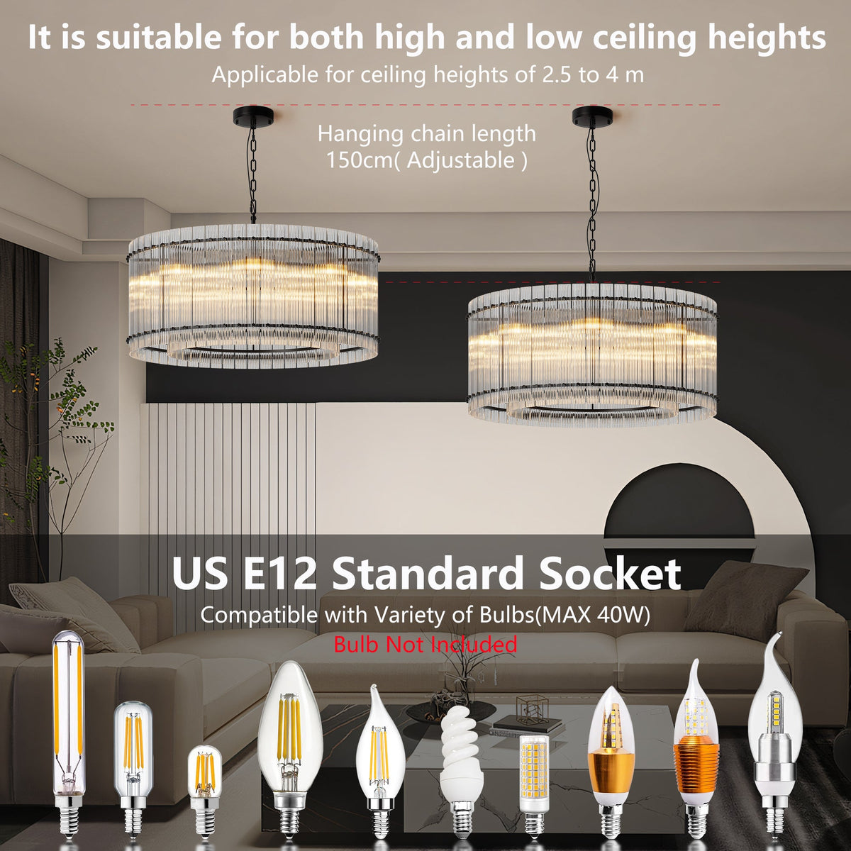 37-Inch Modern Black Round 8-Light Crystal Chandelier with Water Ripple Glass - Black