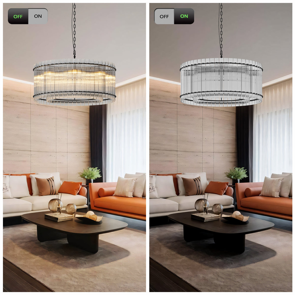 37-Inch Modern Black Round 8-Light Crystal Chandelier with Water Ripple Glass - Black