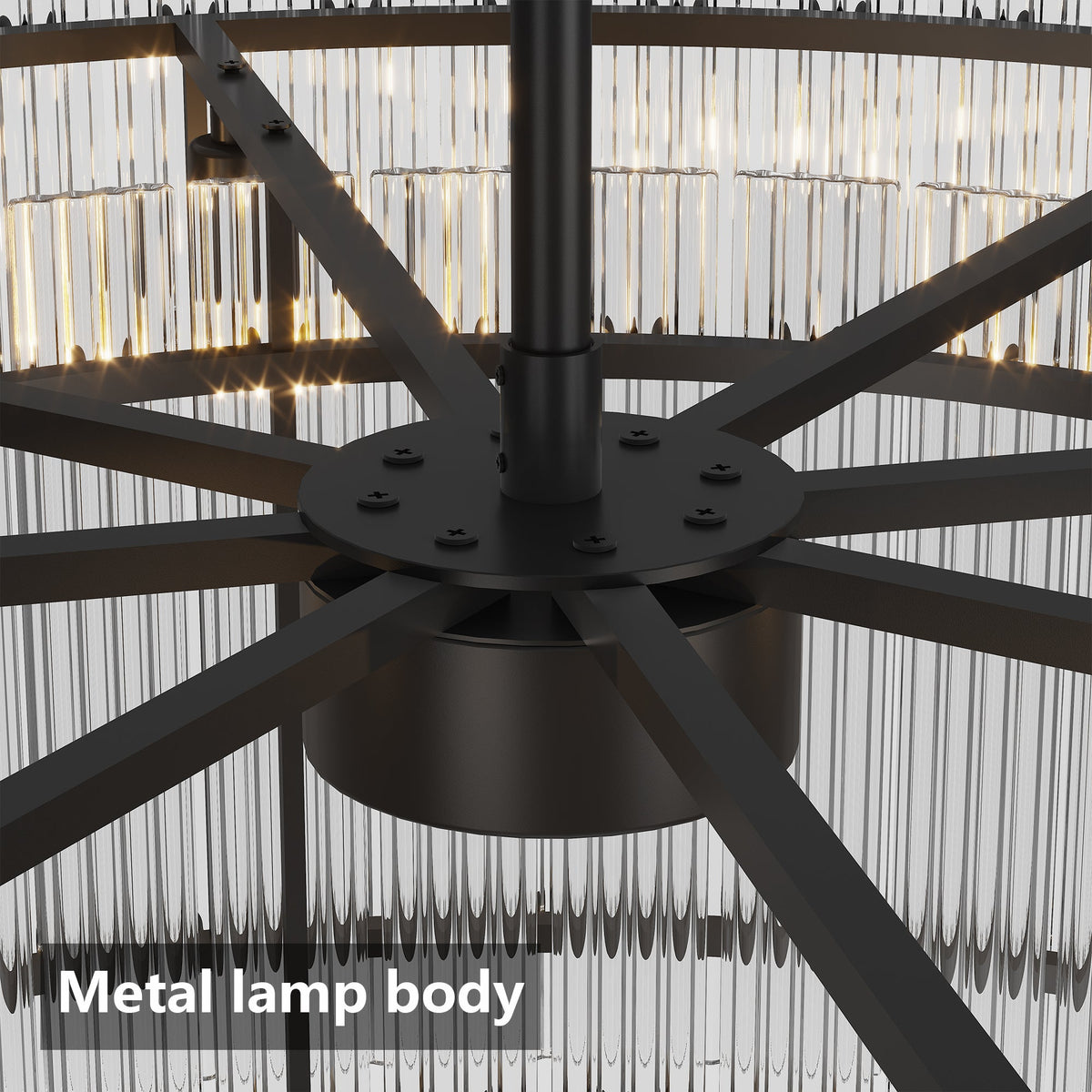 37-Inch Modern Black Round 8-Light Crystal Chandelier with Water Ripple Glass - Black