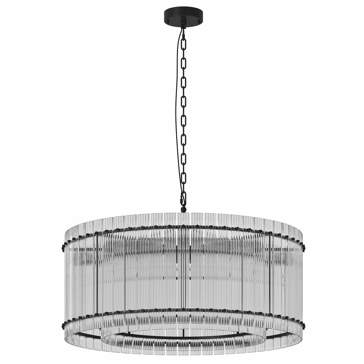 37-Inch Modern Black Round 8-Light Crystal Chandelier with Water Ripple Glass - Black