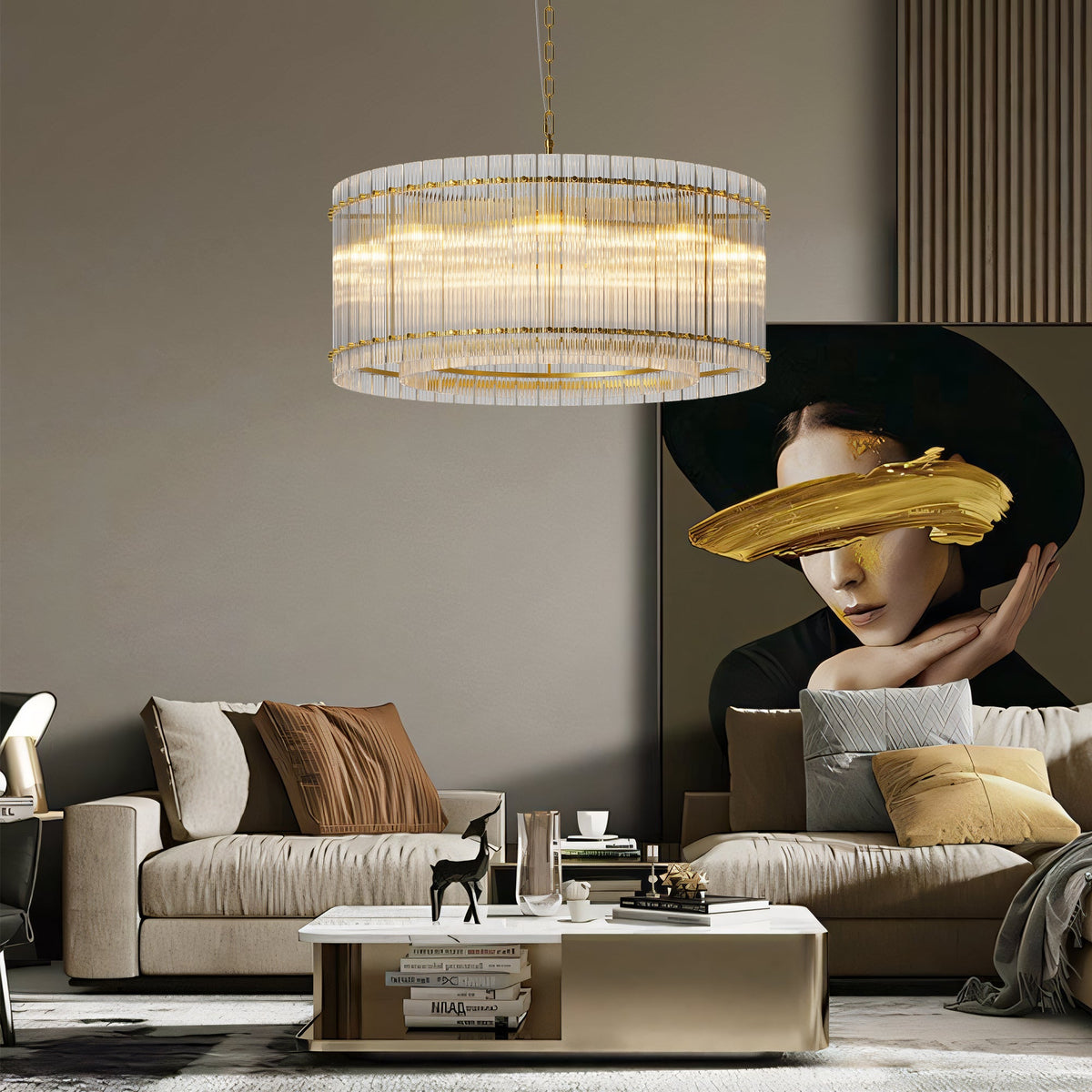 37" Modern Gold Round 8-Light Crystal Chandelier with 2-Tier Crystal Glass - Gold