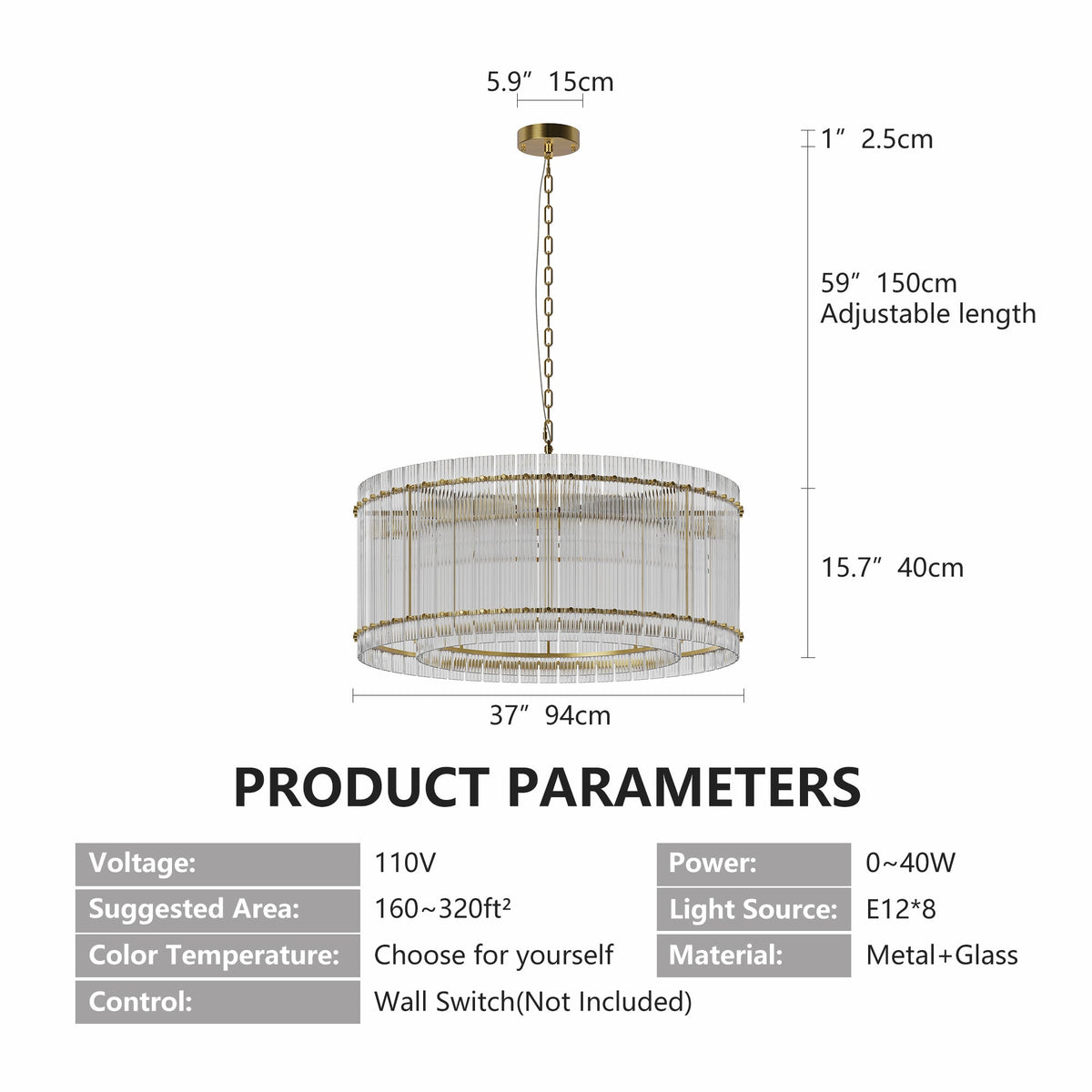 37" Modern Gold Round 8-Light Crystal Chandelier with 2-Tier Crystal Glass - Gold