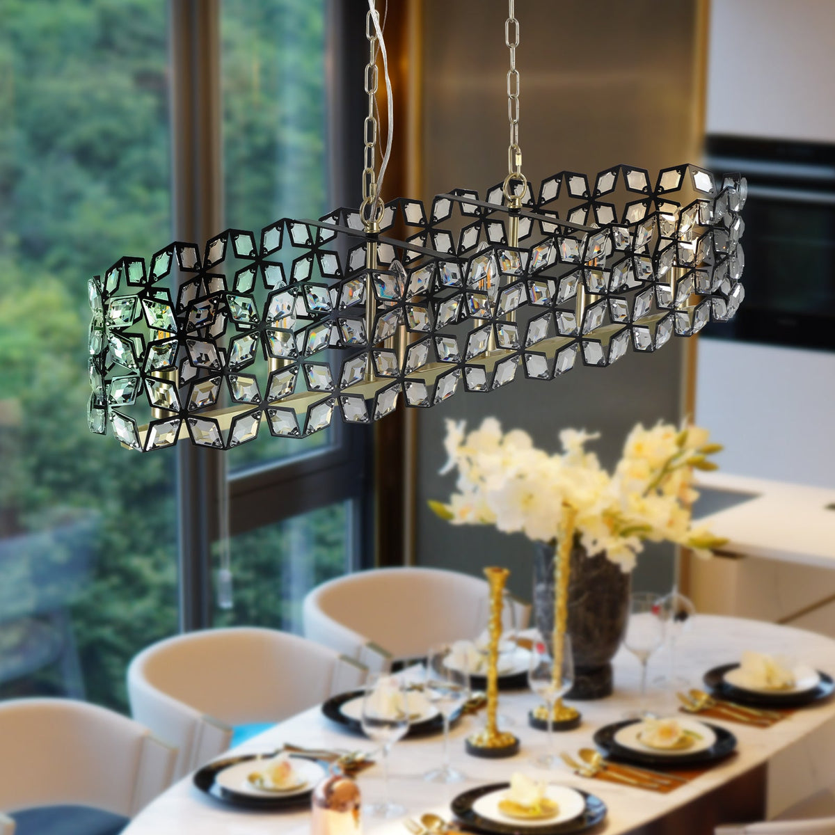 39" Contemporary Crystal Pendant Chandelier with K9 Crystal - Black & Gold