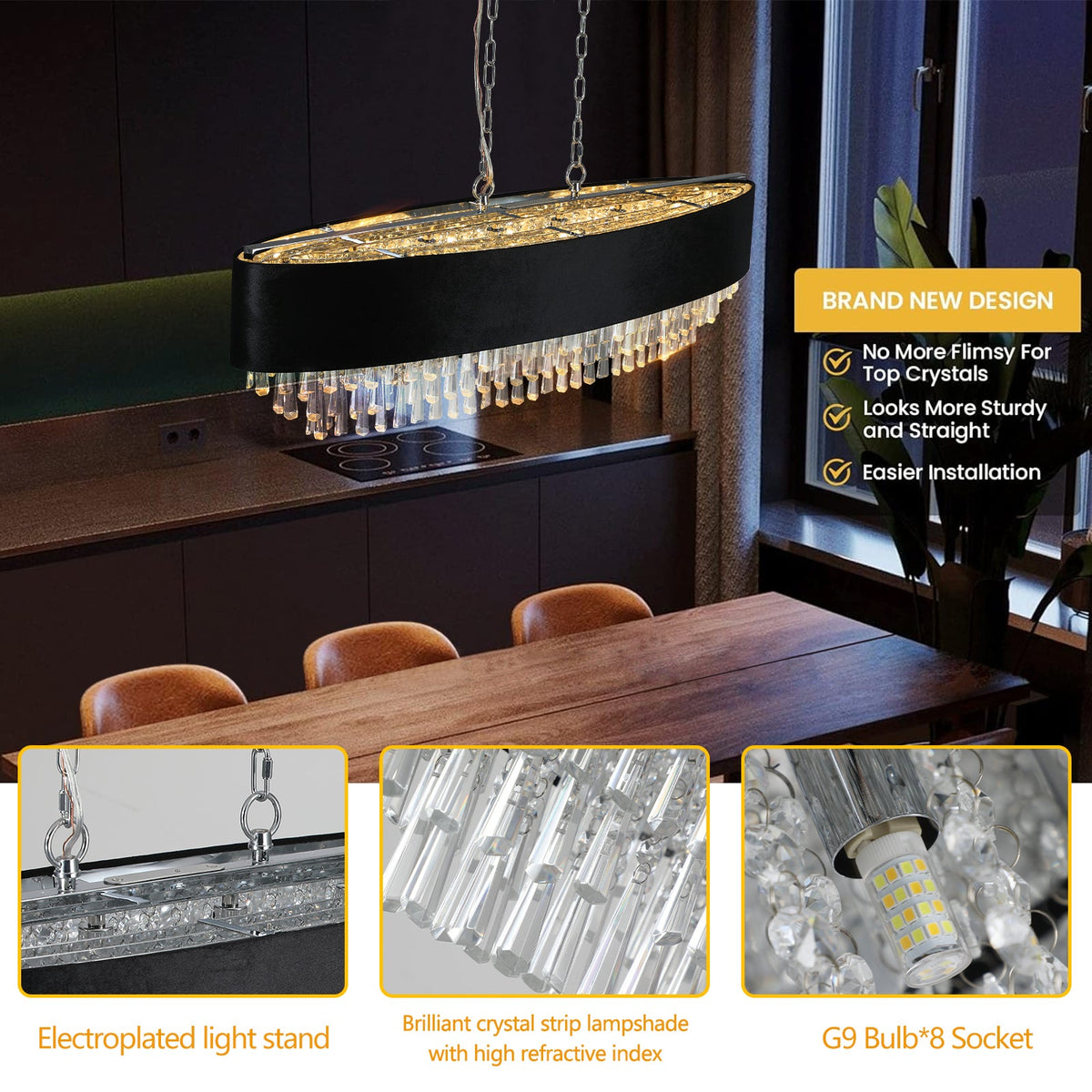 39" Modern Crystal Chandelier with Black Velvet Shade
