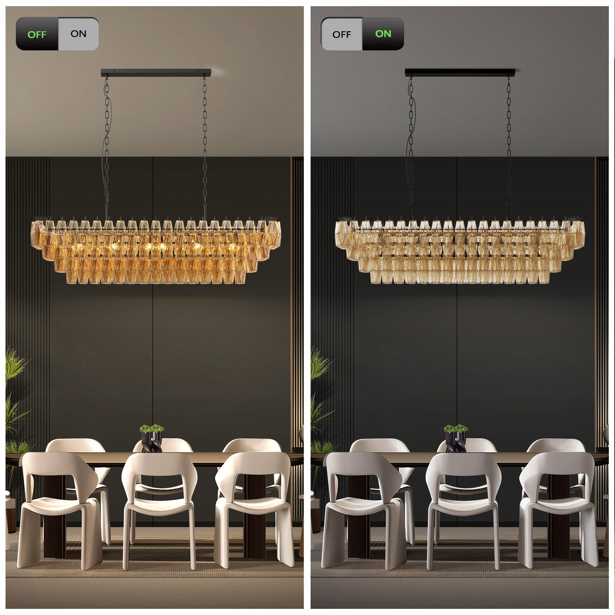 54-Inch Black Rectangular 12-Light Chandelier with Smoke Glass - Black
