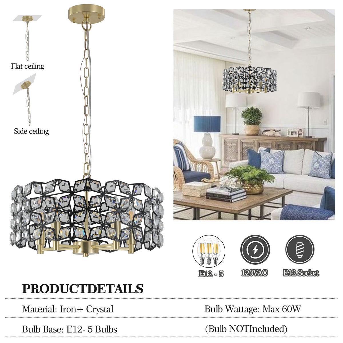 Geometric Crystal Pendant Chandelier with K9 Crystal - Black Gold
