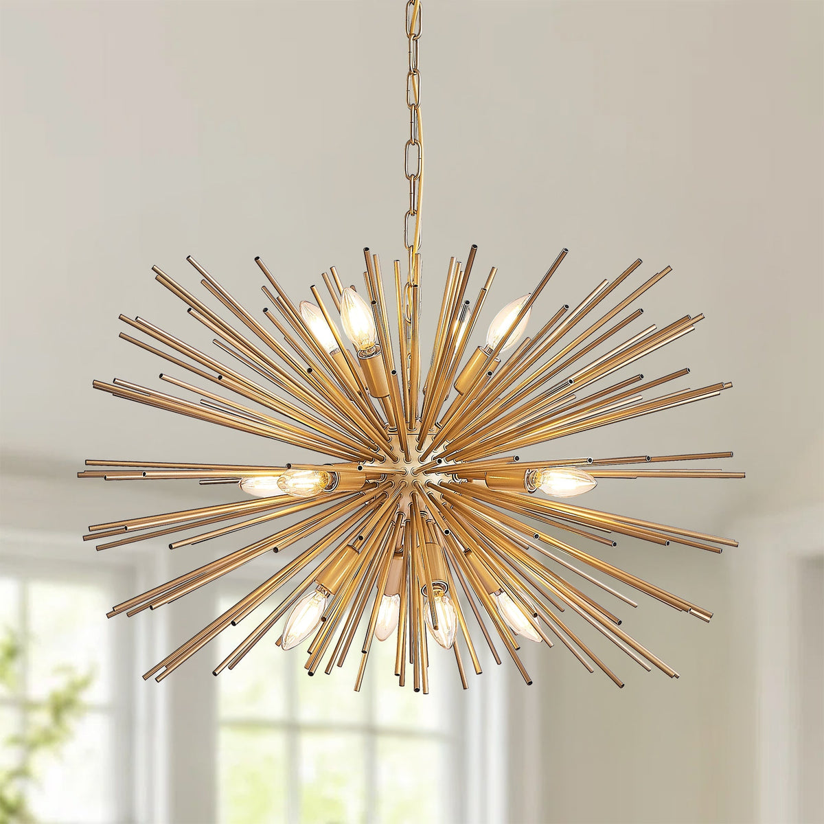 Gold 12-Light Mid-Century Modern Starburst Chandelier with Adjustable Chain