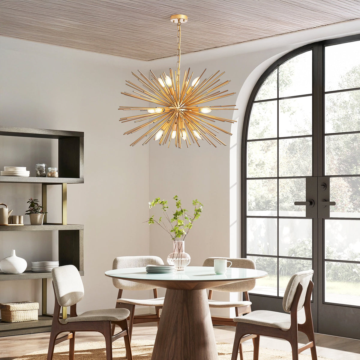Gold 12-Light Mid-Century Modern Starburst Chandelier with Adjustable Chain