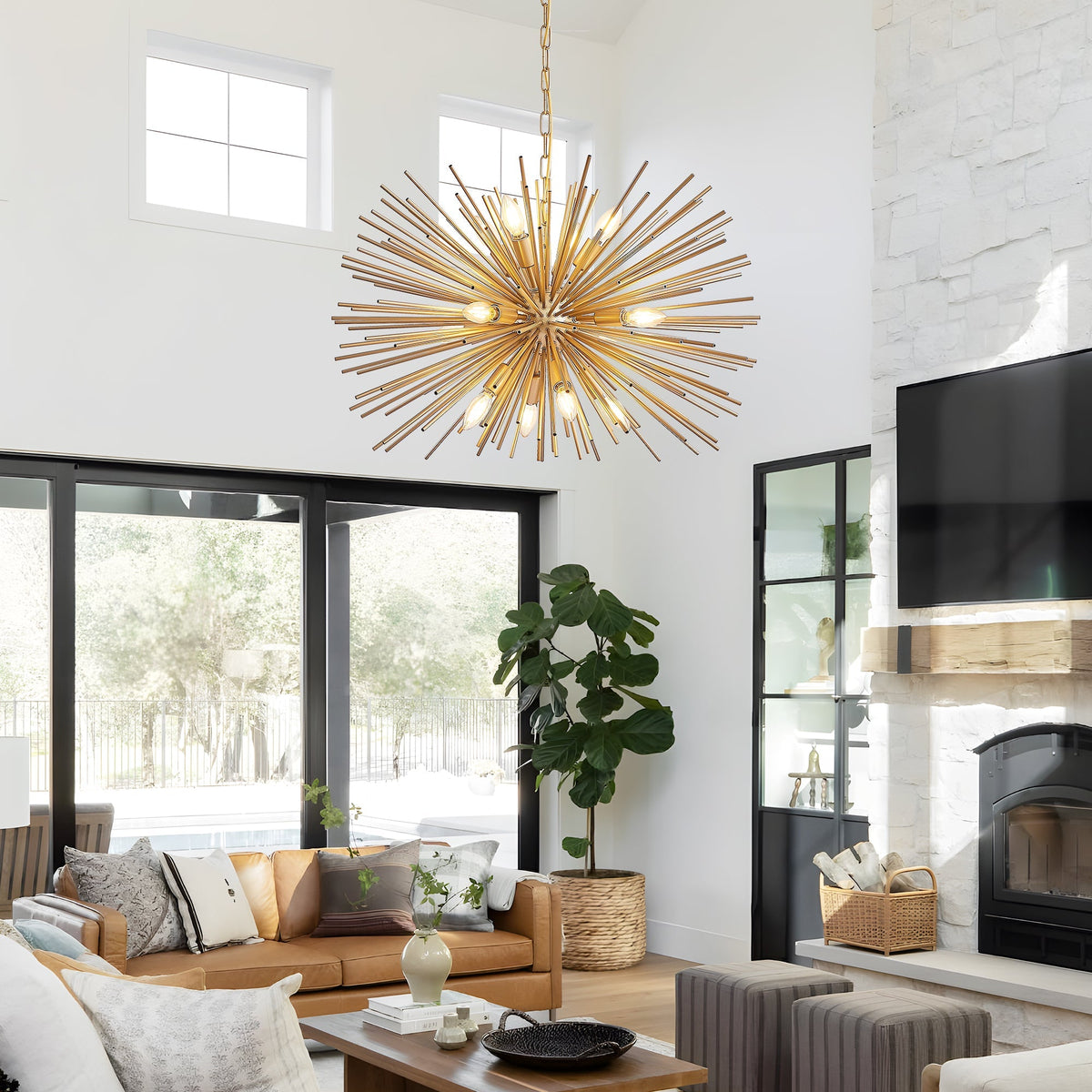 Gold 12-Light Mid-Century Modern Starburst Chandelier with Adjustable Chain
