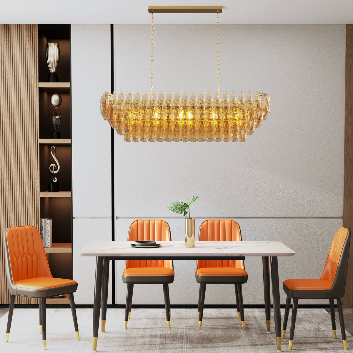 Modern Rectangle Gold Chandelier with Smoke Glass Lights - 54"
