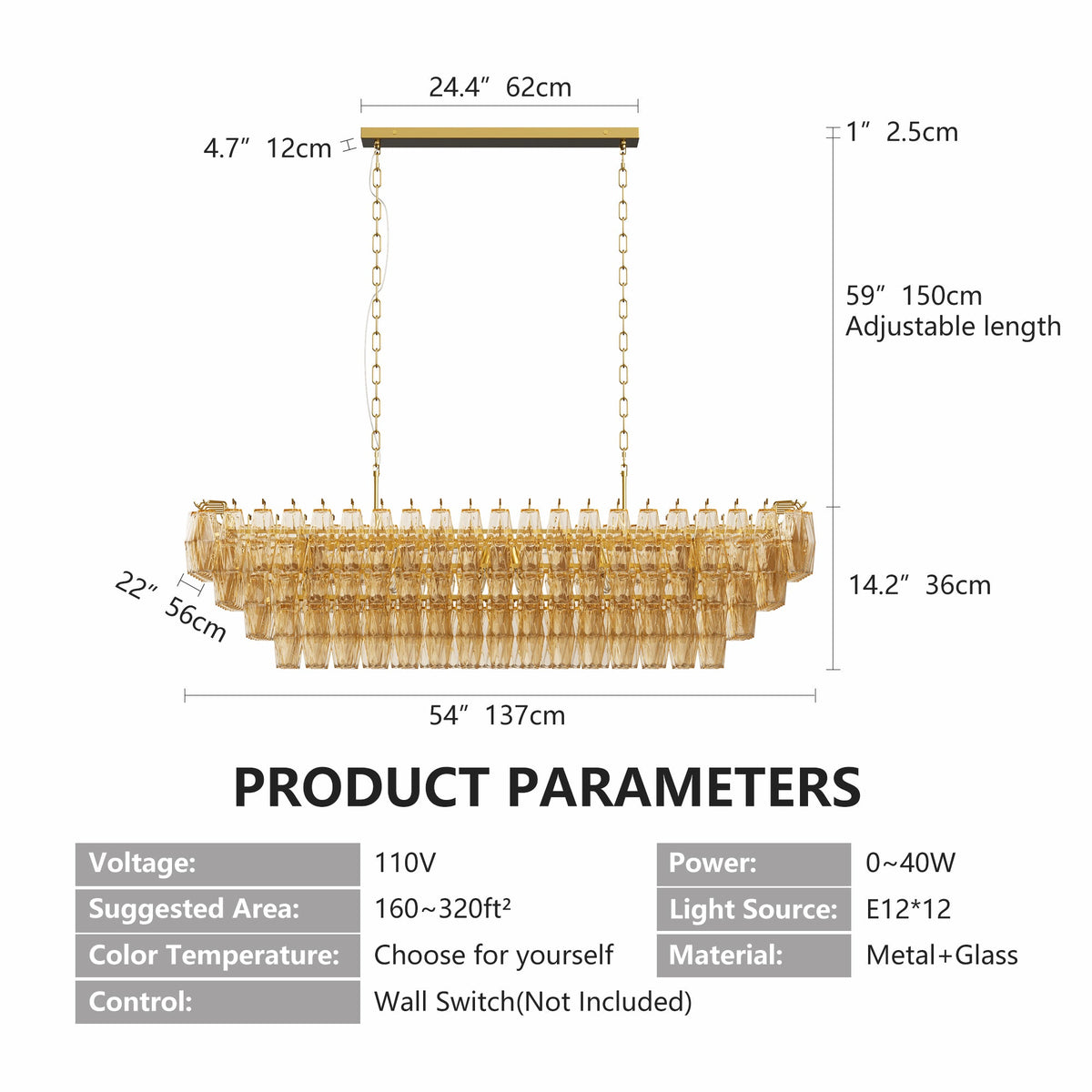 Modern Rectangle Gold Chandelier with Smoke Glass Lights - 54"