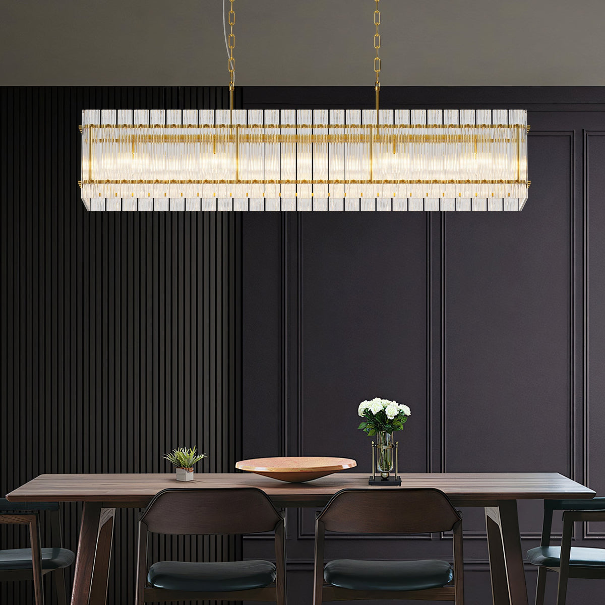 Modern Rectangular Crystal Glass 10-Light Chandelier with Adjustable Height - Gold