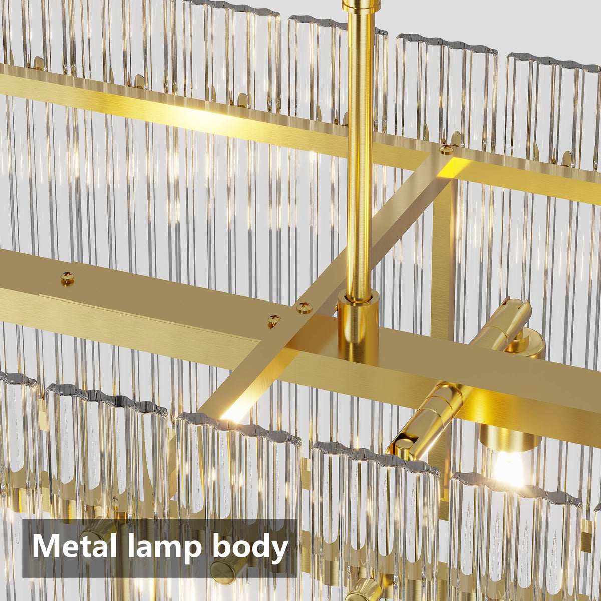 Modern Rectangular Crystal Glass 10-Light Chandelier with Adjustable Height - Gold